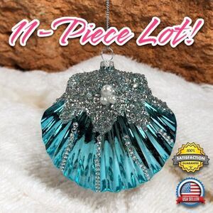 11-Pack Large Aqua Metallic Bling Clamshell Christmas Ornaments Beach Sea 4.4"